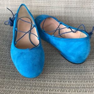 J Crew Leather Lace Up Ballet Flats Blue Suede Size 9